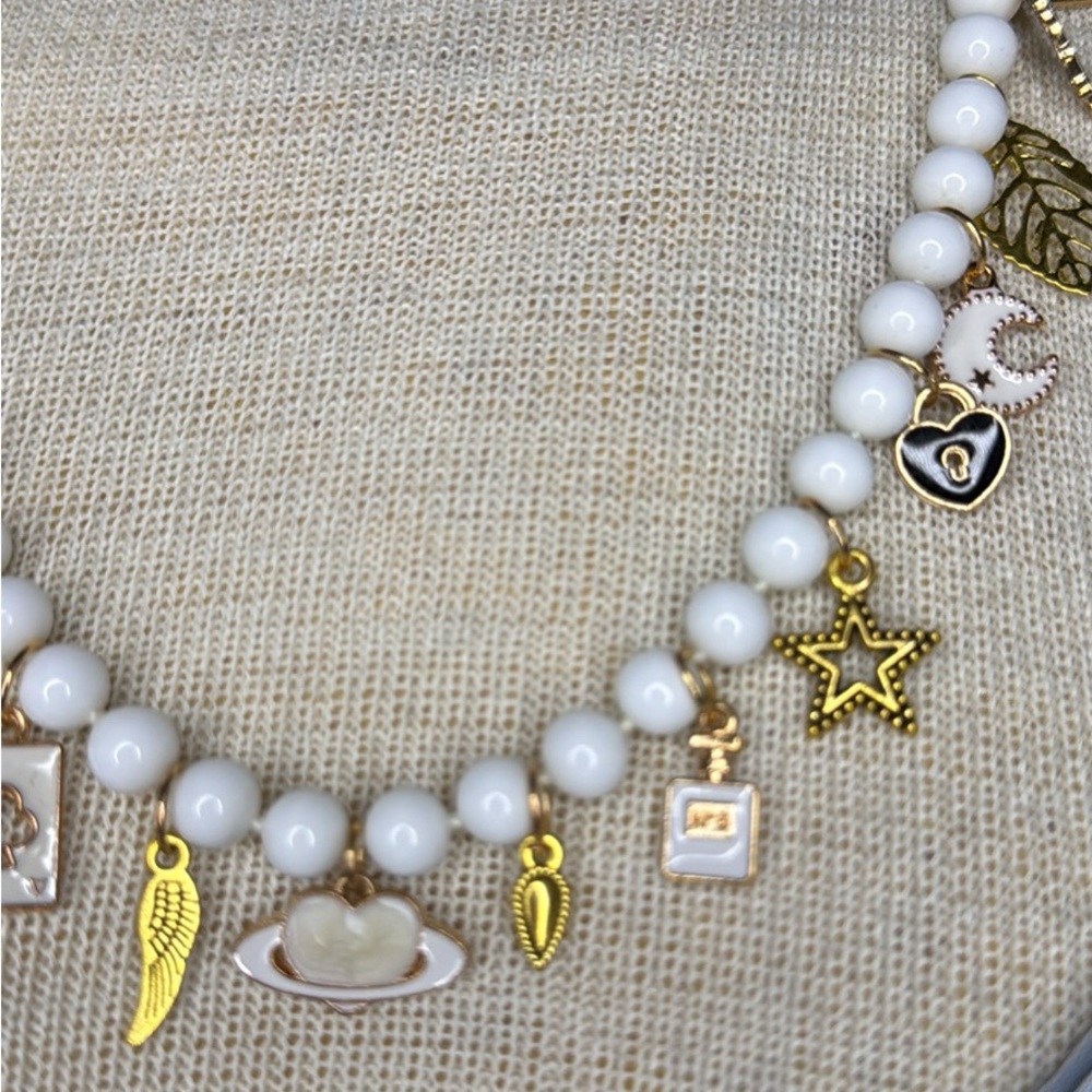 Monet Charm Necklace Gold White Beads Matinee Length 24 Inches Classic Unique